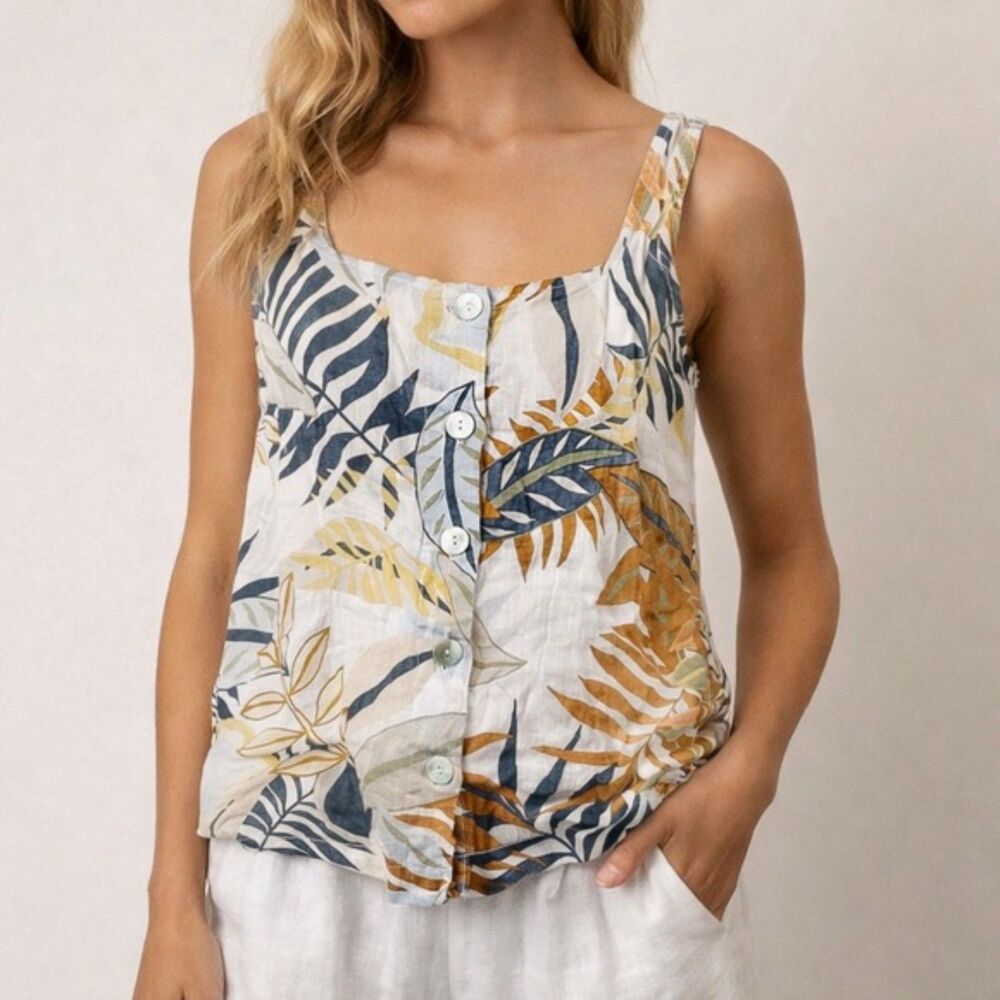 NWT C&C California Tropical Print Linen Button Front Tank Summer Top Size Medium